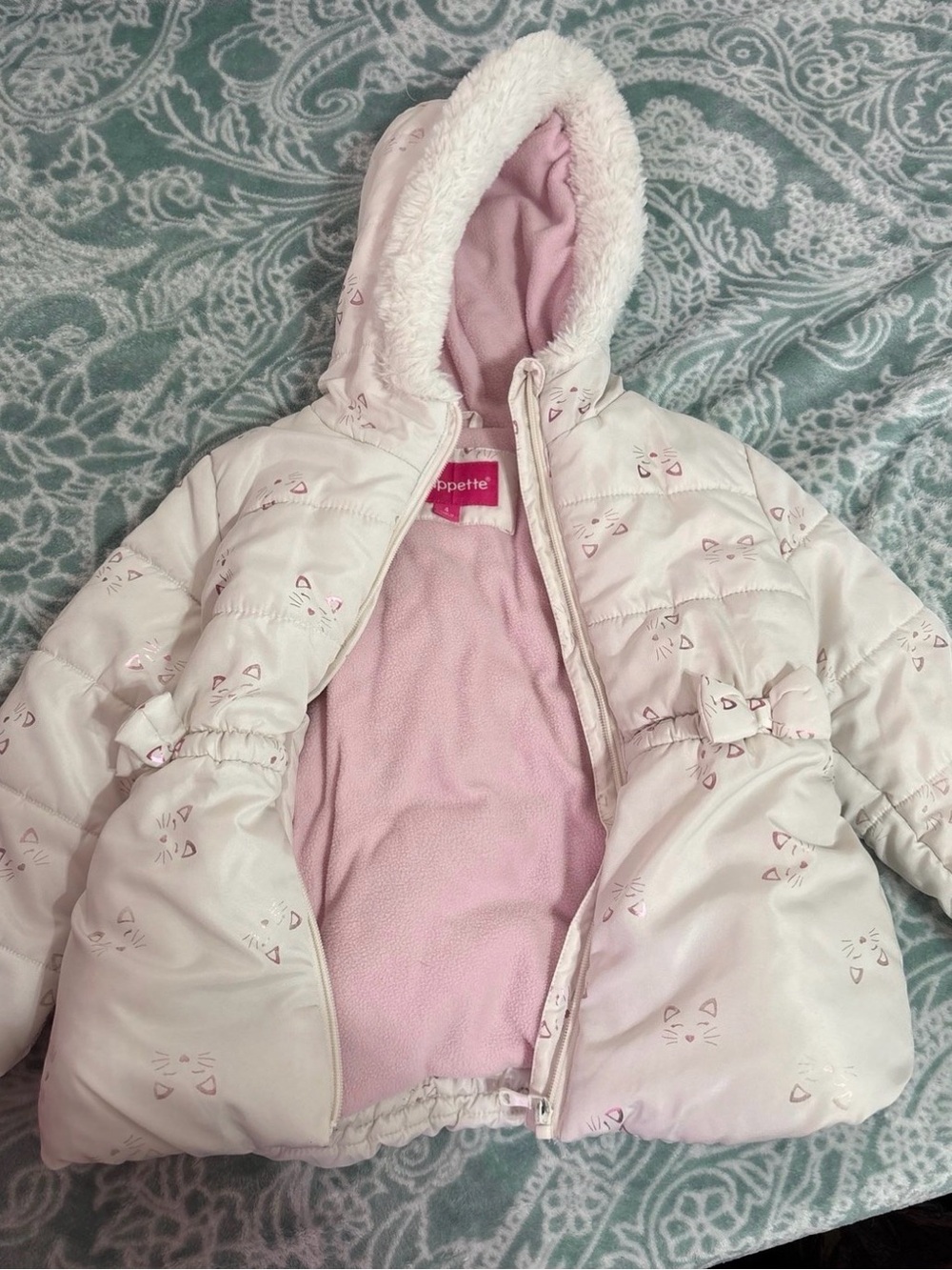 Wippette Pink Hooded Puffer Jacket with Cat Print